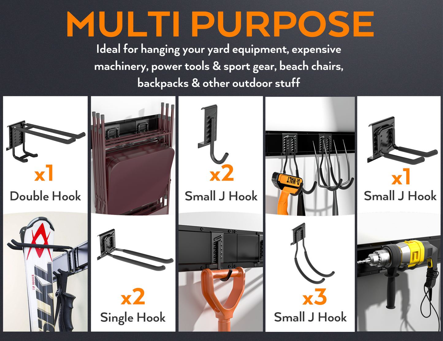 INCLY Garage Tool Organizer Wall Mount, 64 Inch Garage Organization and Storage Rack Load 600lbs, Heavy Duty Garden Yard Tool Organizer with 4 Racks and 9 Storgae Hooks for Shovels, Rakes, Chairs