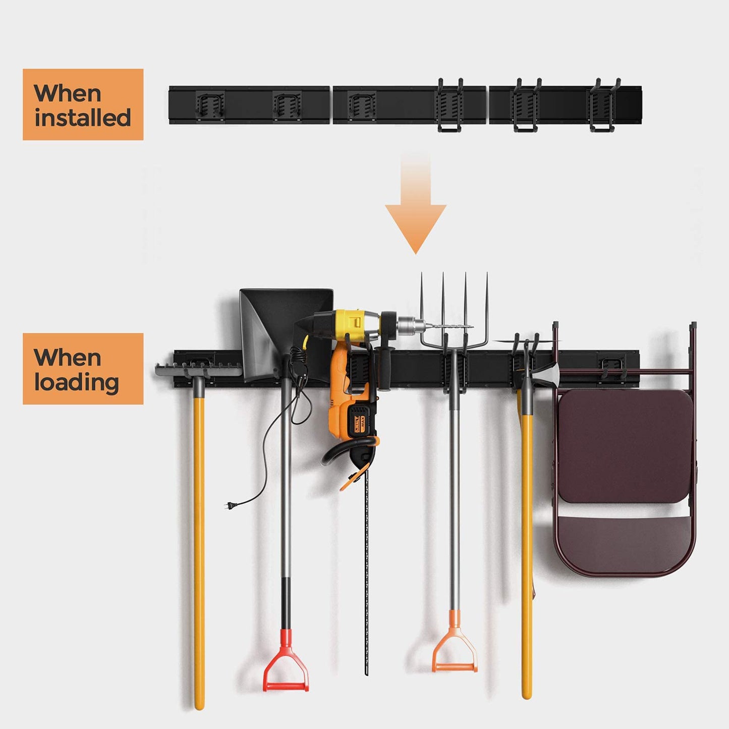 INCLY Garage Tool Organizer Wall Mount, 48 Inch Garage Organization and Storage Rack Load 400lbs, Heavy Duty Garden Yard Tool Organizer with 3 Racks and 6 Storgae Hooks for Shovels, Rakes, Chairs
