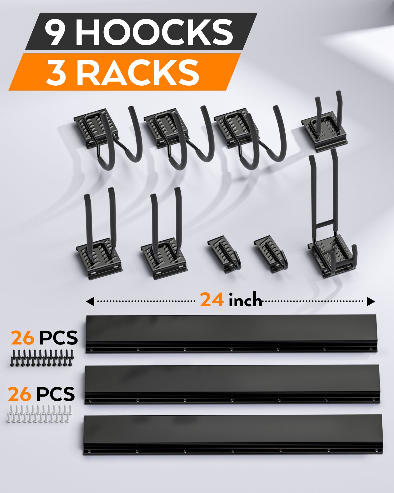 INCLY Garage Tool Organizer Wall Mount, 64 Inch Garage Organization and Storage Rack Load 600lbs, Heavy Duty Garden Yard Tool Organizer with 4 Racks and 9 Storgae Hooks for Shovels, Rakes, Chairs
