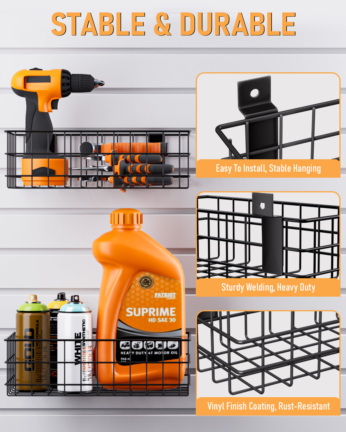 INCLY 30PCS Slatwall Accessories Set, Includes 4 Pack Ventilated Metal Wire Slatwall Baskets and 26PCS Multisized Heavy Duty Slatwall Hooks for Garage Rooms Shops Storage Organizing Display