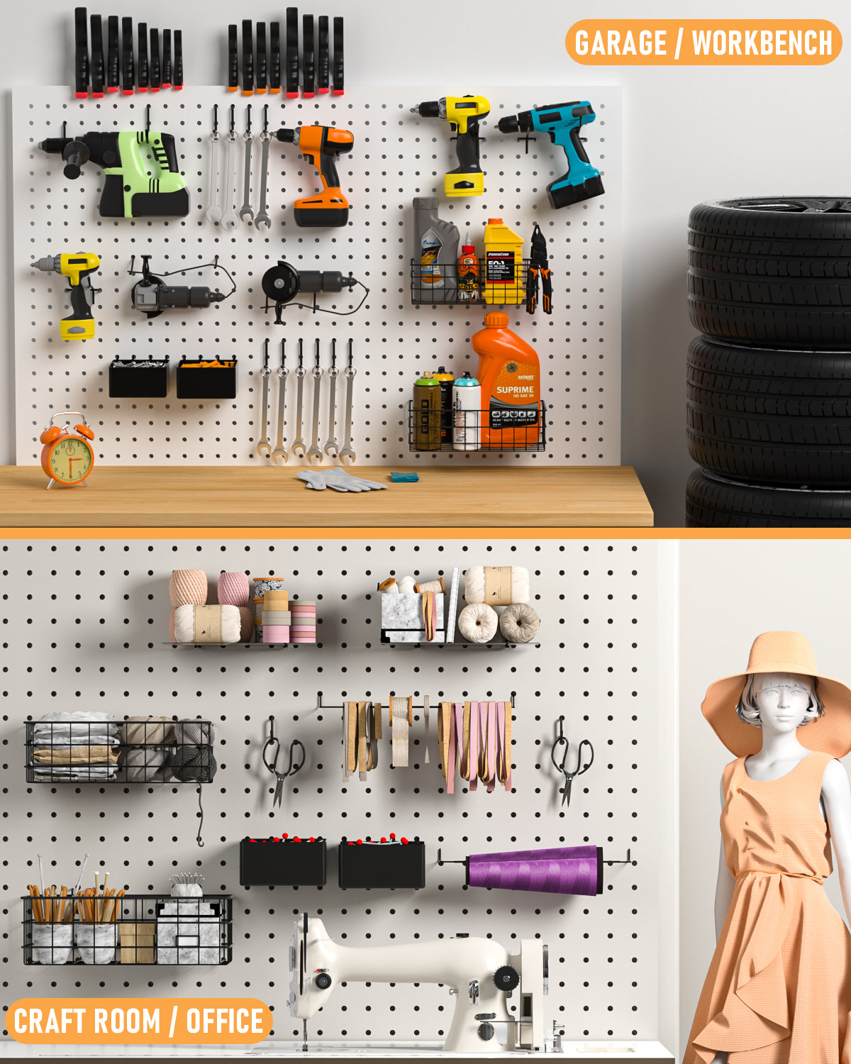 INCLY 4 Pack Pegboard Baskets Bins Set, 4 Size Square Style Black Metal Wire Basket for Any Peg Board Organizing Tools, Pegboard Accessories for Workbench Garage Wall Storage Attachments