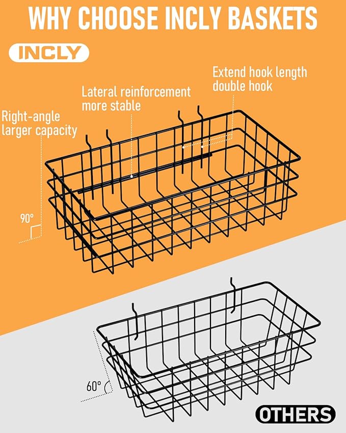 INCLY 143PCS Pegboard Hooks Organizer Accessories Set, Including 3 Packs Pegboard Baskets S/M/L, Peg Board Hooks Accessory Kit Hanging Tools for Garage Storage Wall Attachment