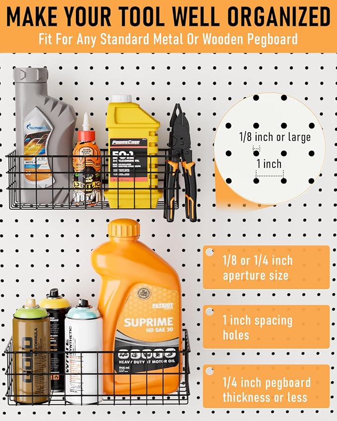 INCLY 143PCS Pegboard Hooks Organizer Accessories Set, Including 3 Packs Pegboard Baskets S/M/L, Peg Board Hooks Accessory Kit Hanging Tools for Garage Storage Wall Attachment
