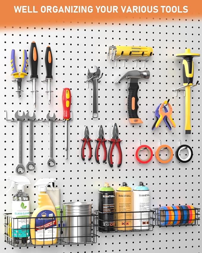 INCLY 143PCS Pegboard Hooks Organizer Accessories Set, Including 3 Packs Pegboard Baskets S/M/L, Peg Board Hooks Accessory Kit Hanging Tools for Garage Storage Wall Attachment
