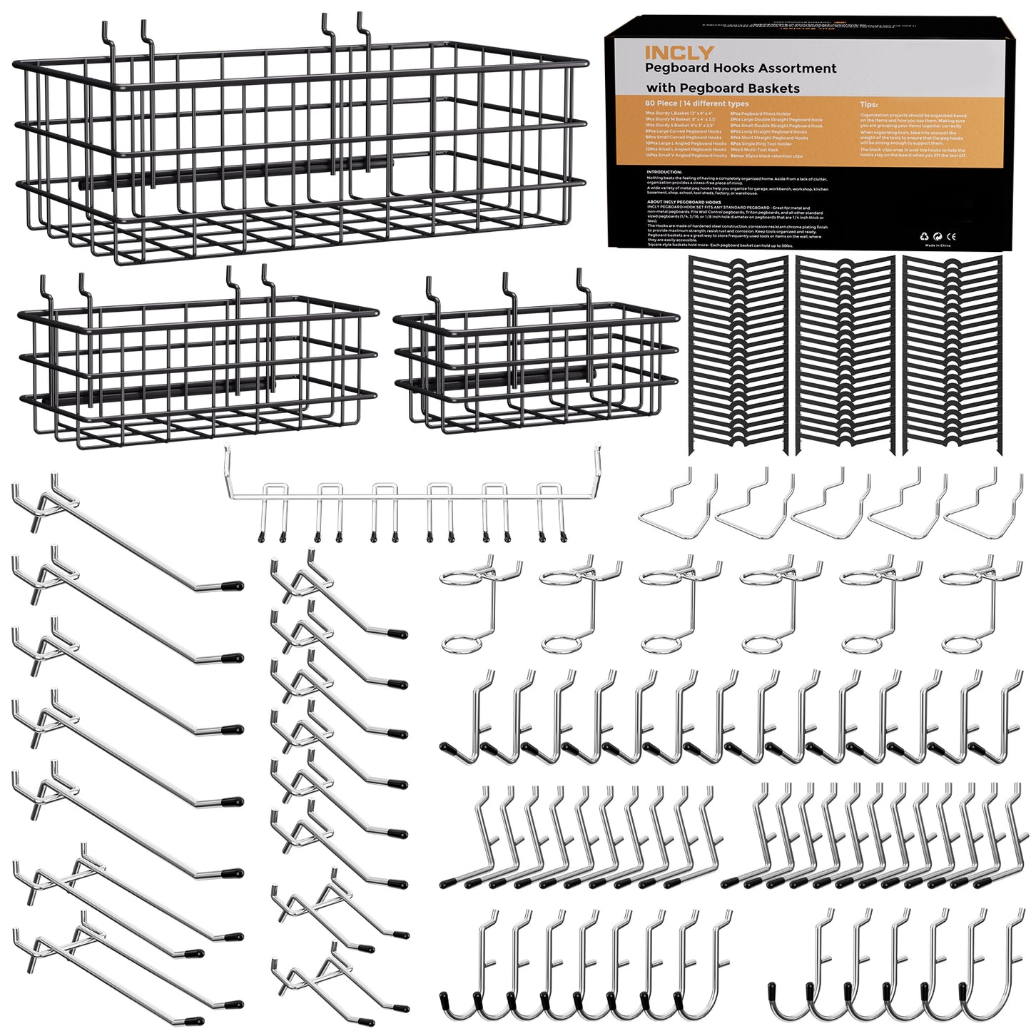INCLY 143PCS Pegboard Hooks Organizer Accessories Set, Including 3 Packs Pegboard Baskets S/M/L, Peg Board Hooks Accessory Kit Hanging Tools for Garage Storage Wall Attachment