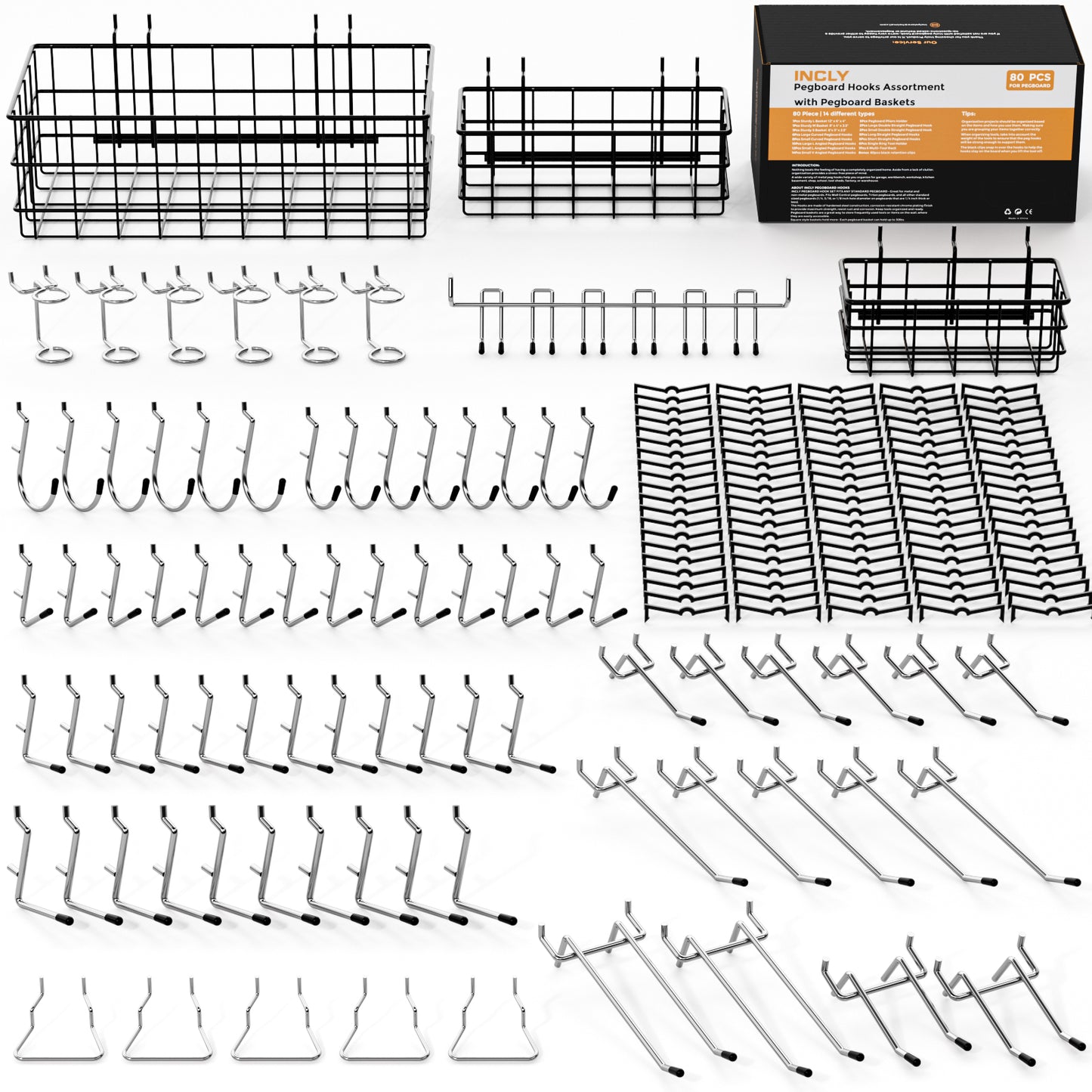 INCLY 143PCS Pegboard Hooks Organizer Accessories Set, Including 3 Packs Pegboard Baskets S/M/L, Peg Board Hooks Accessory Kit Hanging Tools for Garage Storage Wall Attachment