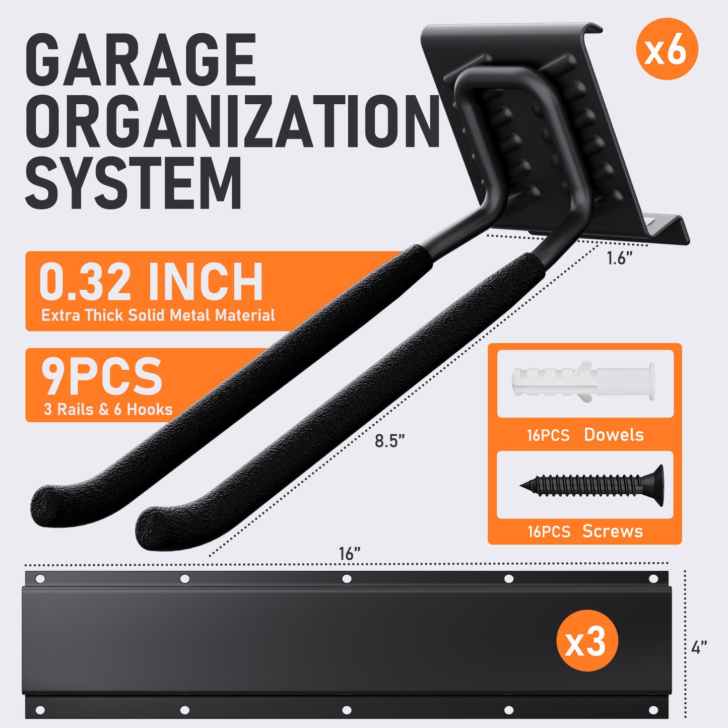 INCLY Garage Organization, 48 Inch Garden Tool Organizer Wall Mount Load 600lbs, Heavy Duty Garage Storage Rack with 3 Rails and 6 Adjustable Hooks for Hanging Yard Tool, Shovels, Rakes, Chairs