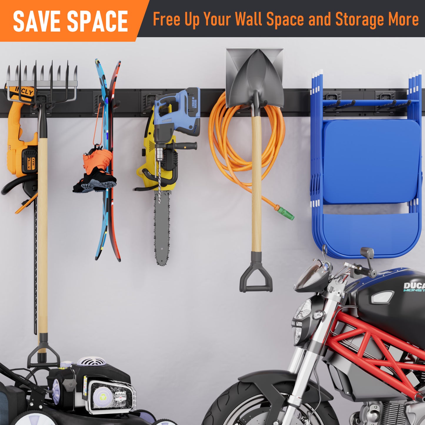 INCLY Garage Organization, 48 Inch Garden Tool Organizer Wall Mount Load 600lbs, Heavy Duty Garage Storage Rack with 3 Rails and 6 Adjustable Hooks for Hanging Yard Tool, Shovels, Rakes, Chairs