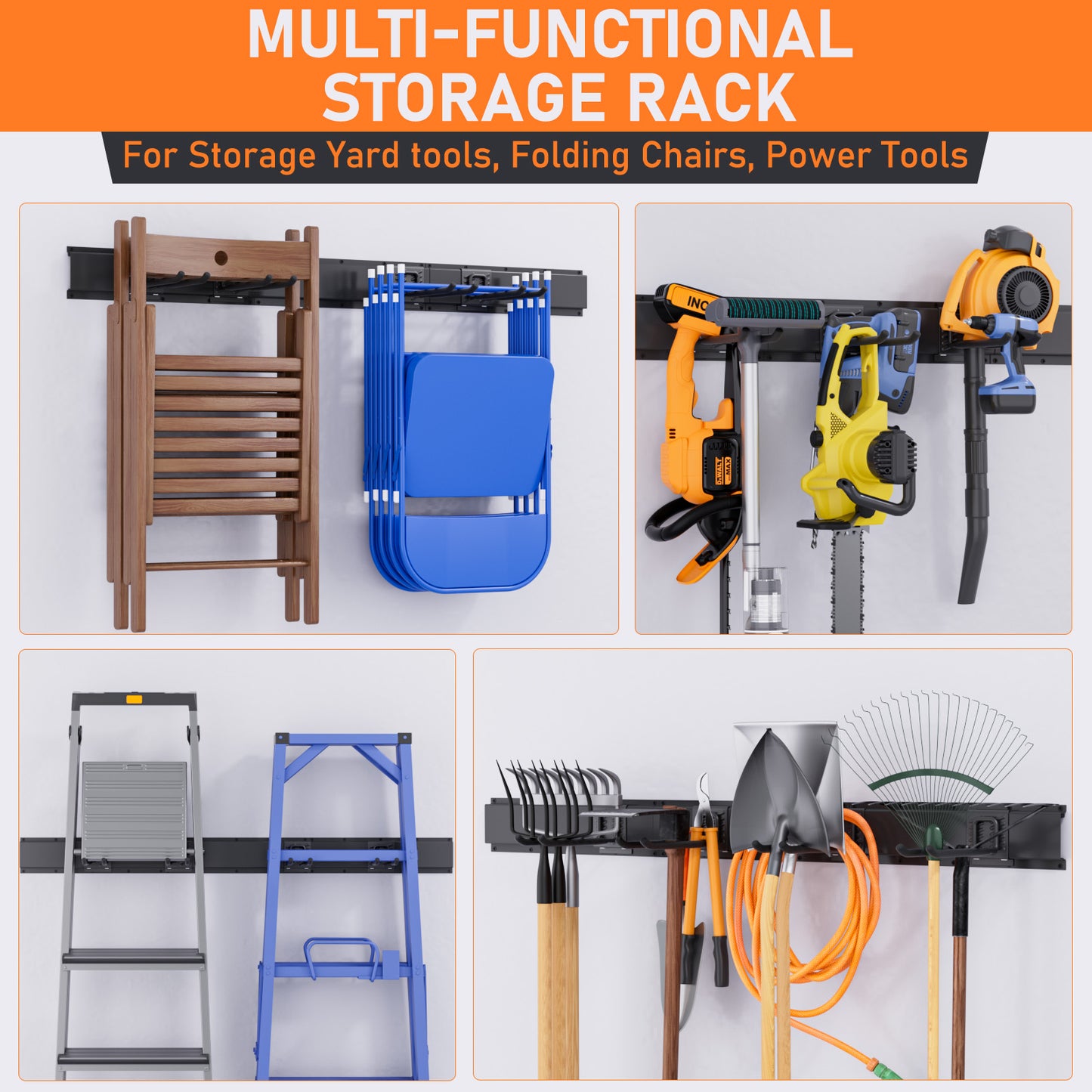 INCLY Garage Organization, 48 Inch Garden Tool Organizer Wall Mount Load 600lbs, Heavy Duty Garage Storage Rack with 3 Rails and 6 Adjustable Hooks for Hanging Yard Tool, Shovels, Rakes, Chairs