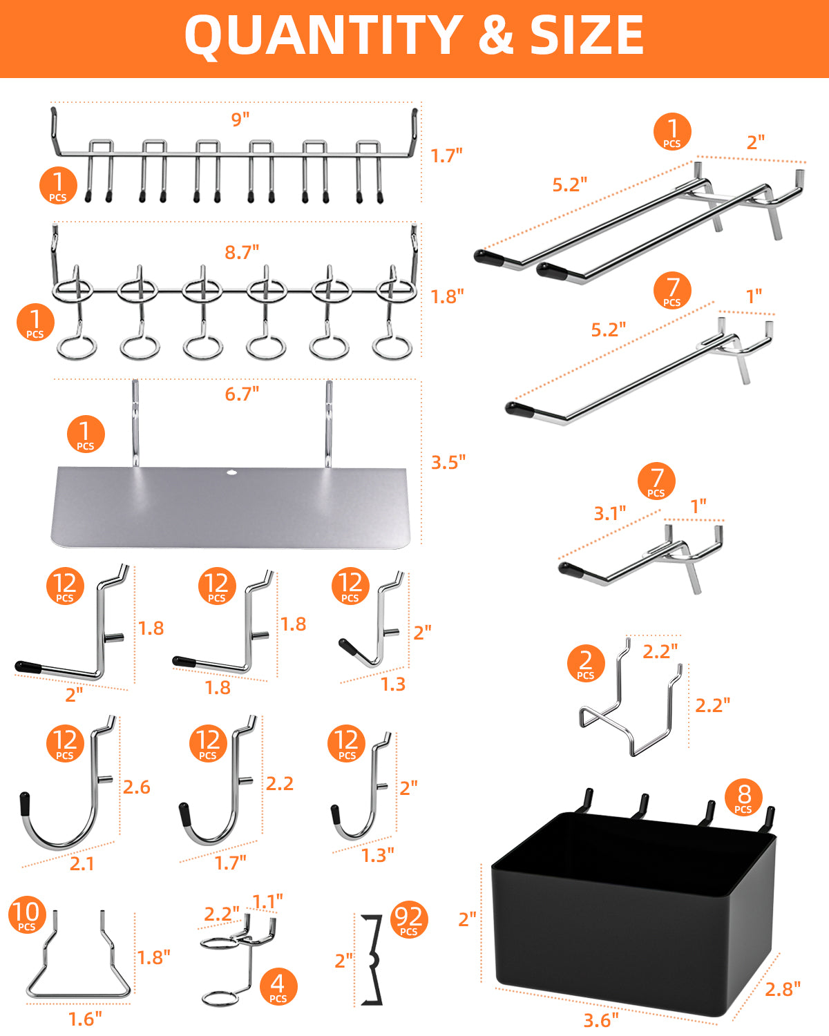 INCLY 206PCS Pegboard Hooks Assortment, Pegboard Accessories Organizer Kit with Bins & Peg Locks, 1/8 and 1/4 inch Peg Board Hooks for Garage Wall Hanging Tools