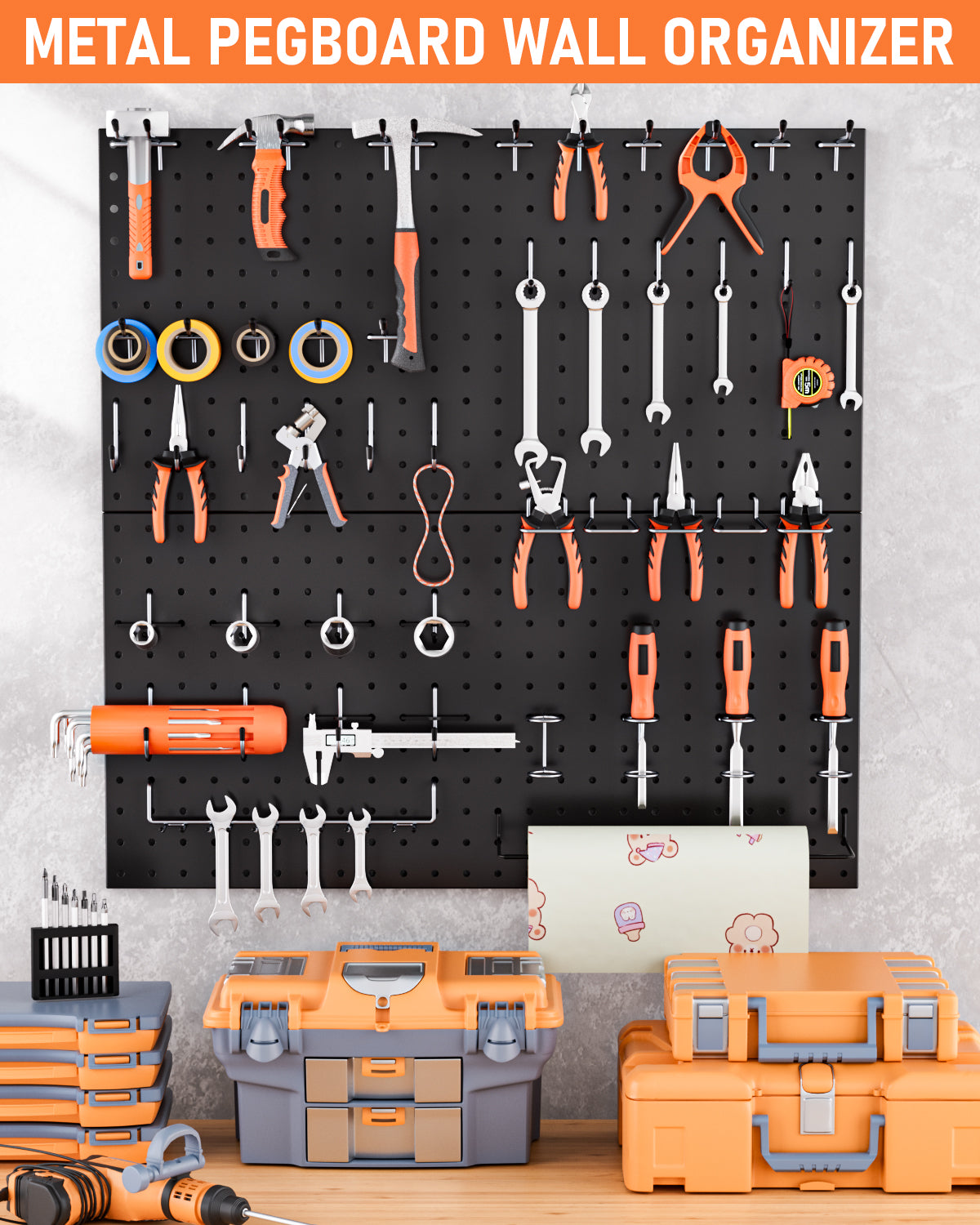 INCLY 100PCS Black Pegboard Wall Organizer Kit, 24x24 Inch Metal Pegboard Panels Utility Tool Organizer with Hooks & Paper Towel Holder, Pegboard Storage System for Garage Workbench Shed