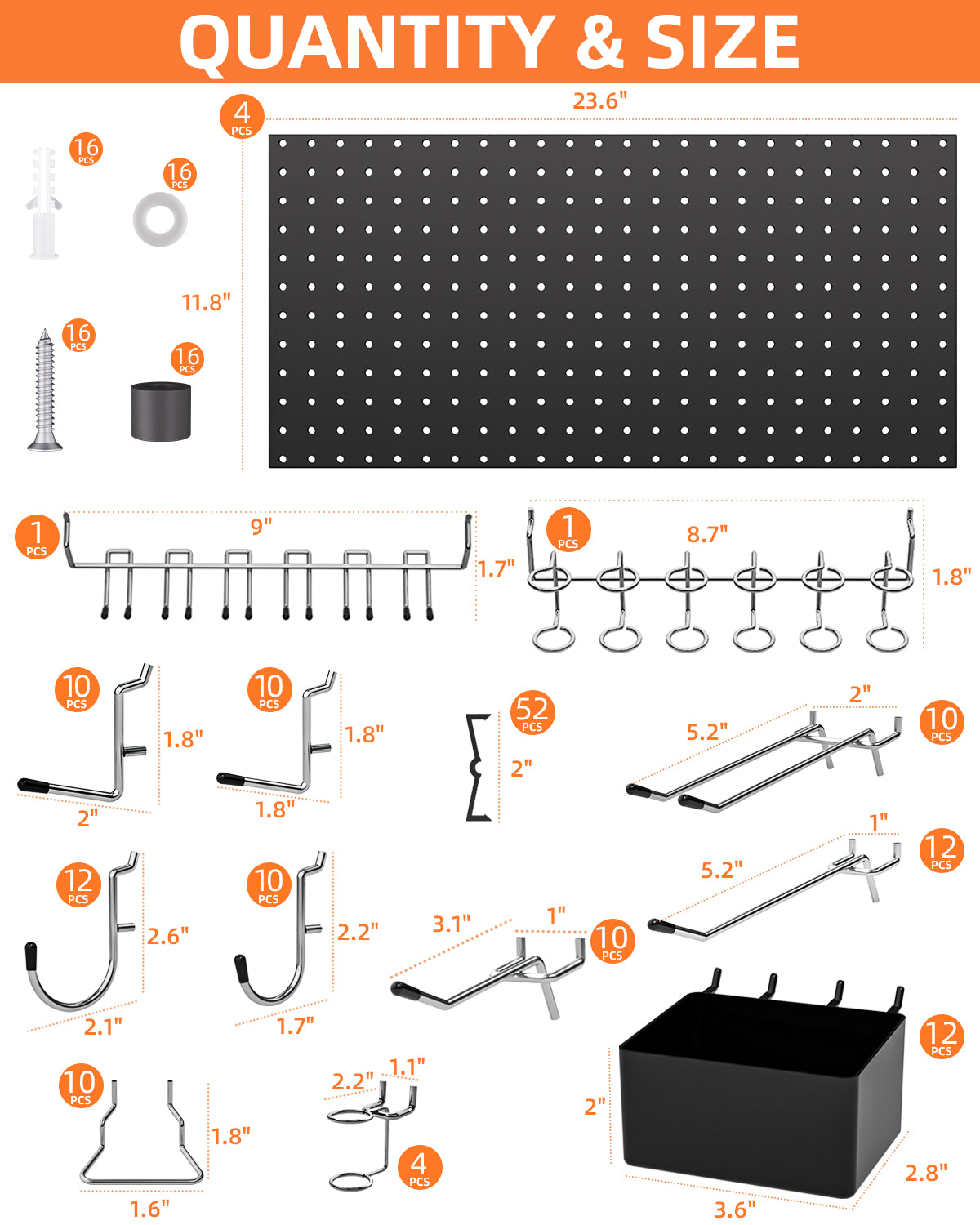 INCLY 158PCS Metal Pegboard Wall Organizer, 48x24 Inch Black Pegboard Panels Tool Organizer Kit with Accessories Hooks and Bins, Peg Board Utility Tool Storage for Garage Workbench Shed