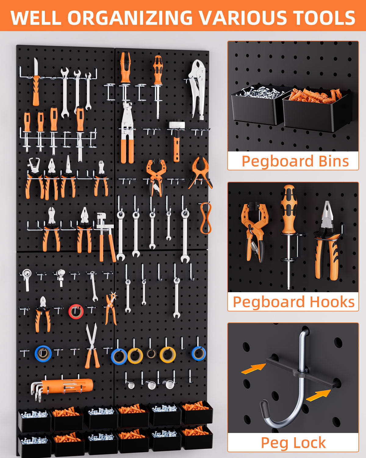 INCLY 158PCS Metal Pegboard Wall Organizer, 48x24 Inch Black Pegboard Panels Tool Organizer Kit with Accessories Hooks and Bins, Peg Board Utility Tool Storage for Garage Workbench Shed