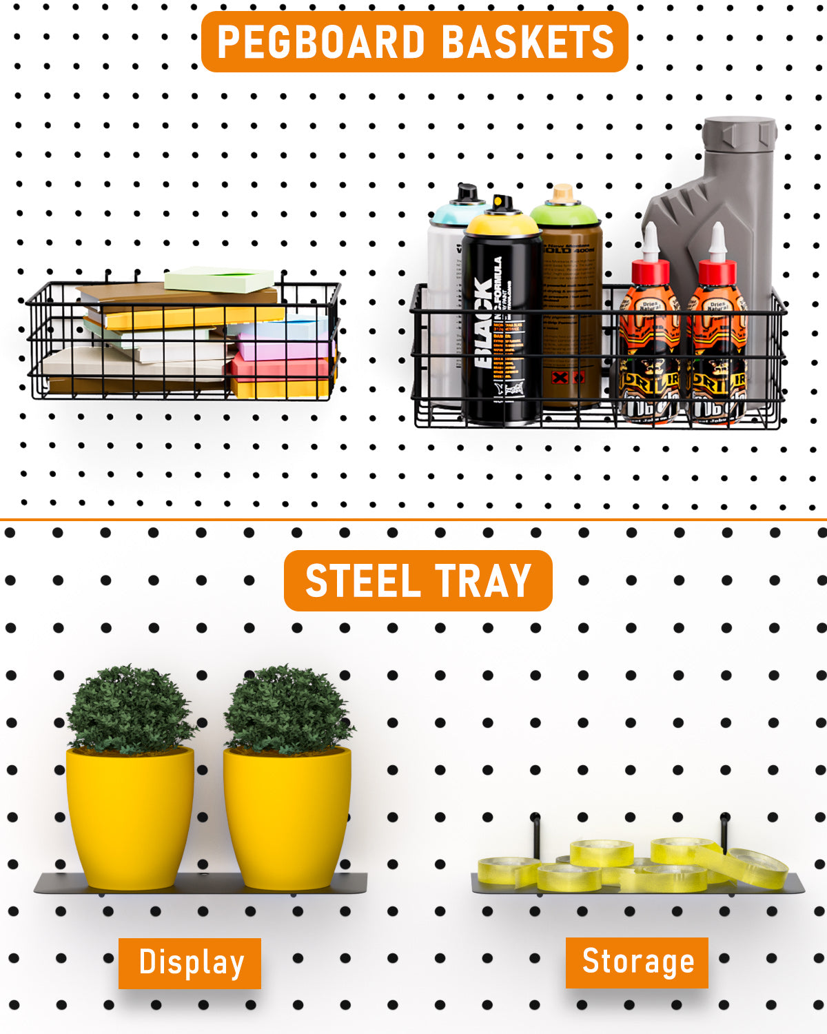INCLY 30PCS Peg Board Organizer Accessories Kit, Pegboard Hooks Assortment with Bins, Cups, Wire Baskets and Paper Towel Holder for 1/8“ and 1/4” Pegboard Garage Workbench Craft Room Organizing Tools