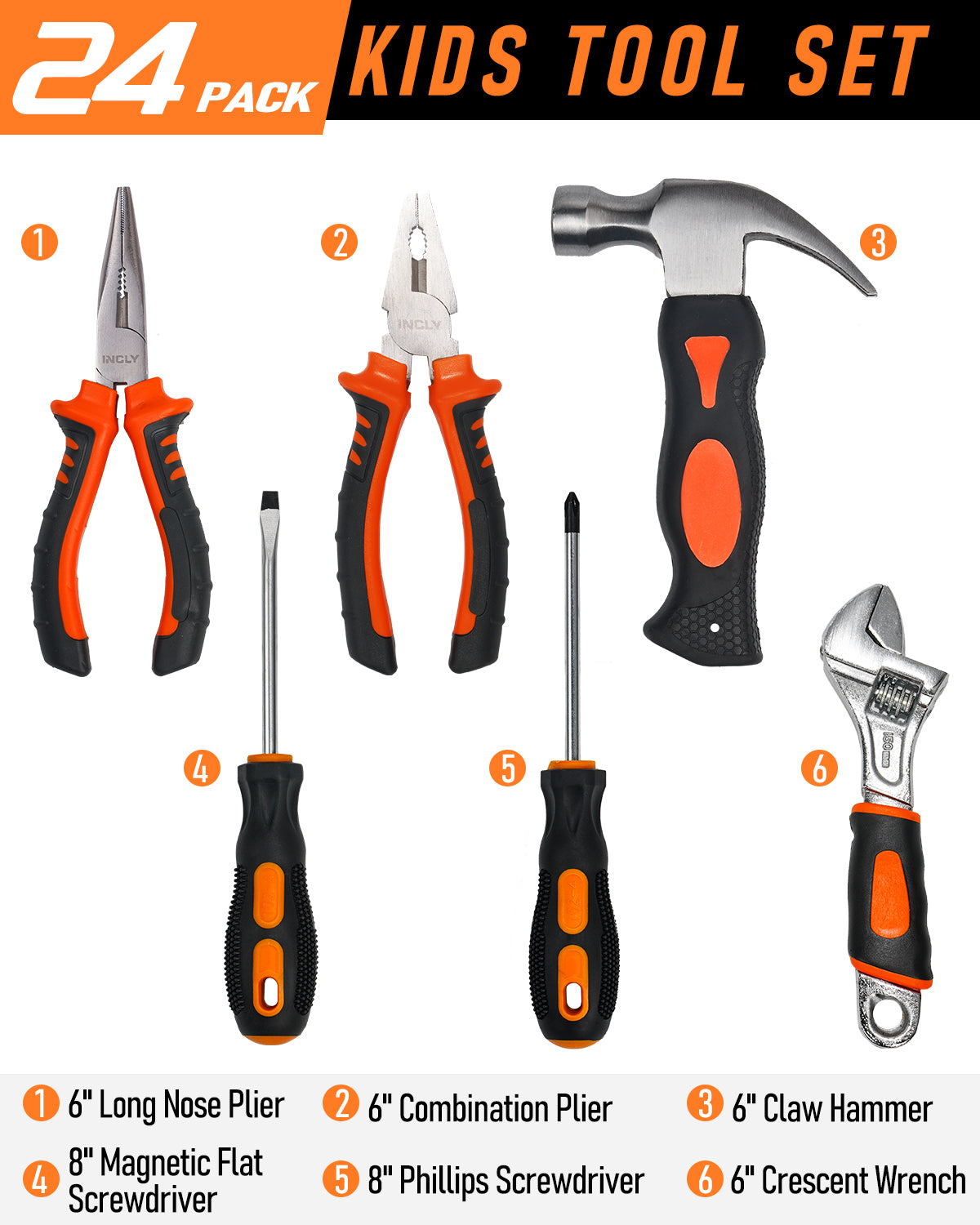 INCLY 24 PCS Kids Real Tool Set with Tool Bag, Boys Small Real Hand Tools Kit, Children Construction Learning Tools Hammer Screwdriver for Home DIY Building and Woodworking