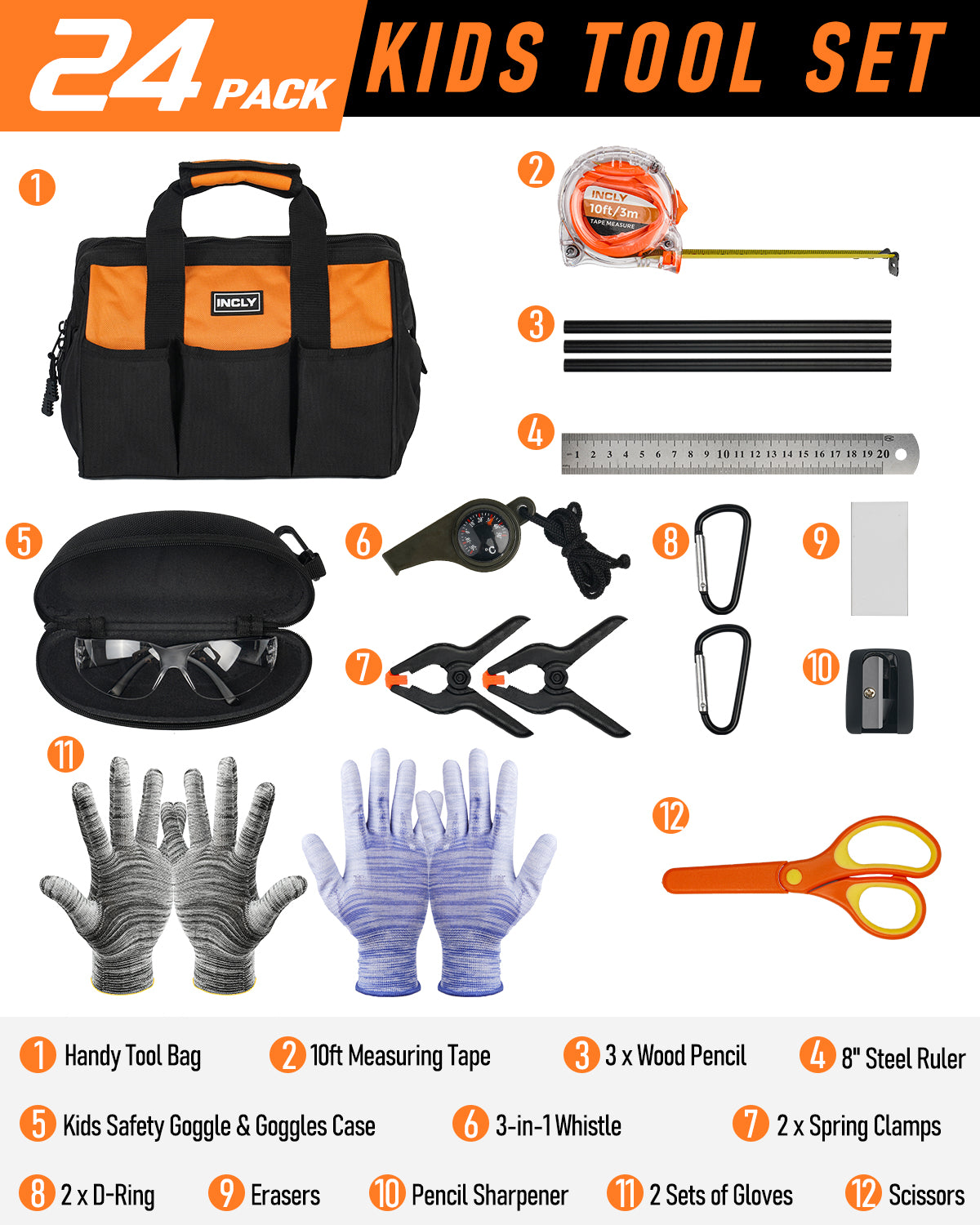 INCLY 24 PCS Kids Real Tool Set with Tool Bag, Boys Small Real Hand Tools Kit, Children Construction Learning Tools Hammer Screwdriver for Home DIY Building and Woodworking