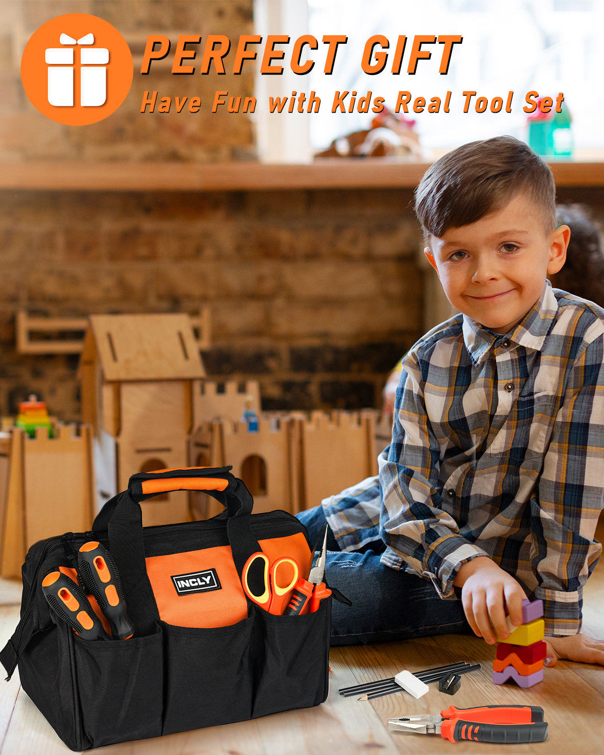 INCLY 24 PCS Kids Real Tool Set with Tool Bag, Boys Small Real Hand Tools Kit, Children Construction Learning Tools Hammer Screwdriver for Home DIY Building and Woodworking