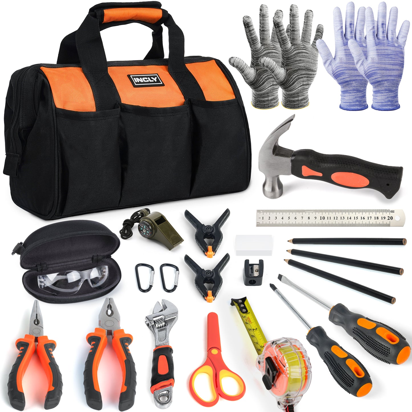 INCLY 24 PCS Kids Real Tool Set with Tool Bag, Boys Small Real Hand Tools Kit, Children Construction Learning Tools Hammer Screwdriver for Home DIY Building and Woodworking