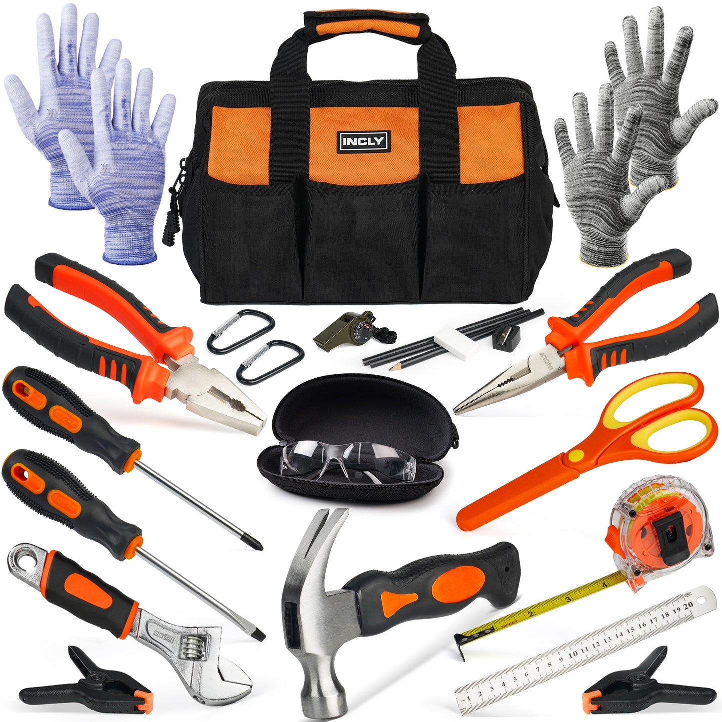 INCLY 24 PCS Kids Real Tool Set with Tool Bag, Boys Small Real Hand Tools Kit, Children Construction Learning Tools Hammer Screwdriver for Home DIY Building and Woodworking