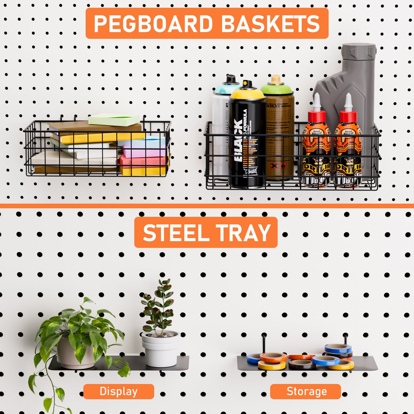 INCLY 40PCS Peg Board Organizer Accessories, 1/4 Inch Black Pegboard Hooks Assortment with Upgraded Bins & Cups, Wire Baskets and Paper Towel Holder for 1/4“ Peg Board Garage Workbench Craft Room