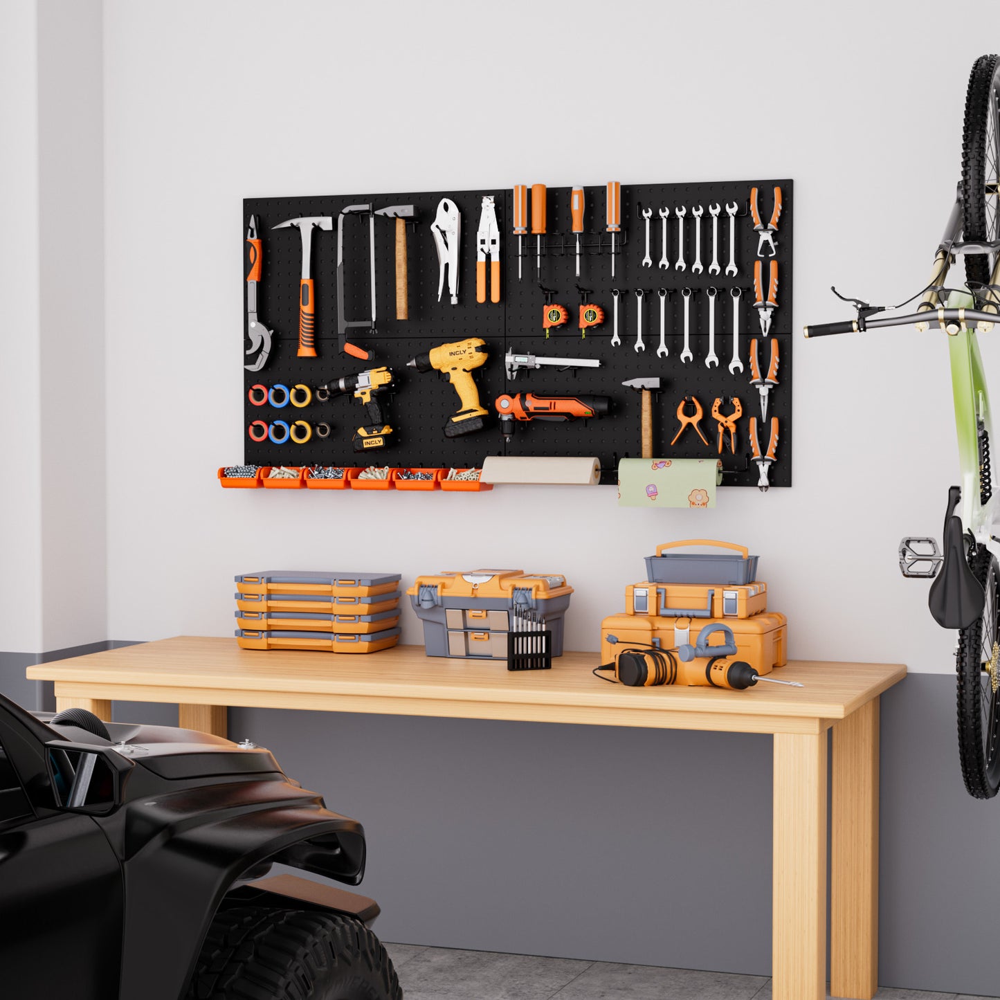 INCLY 48x24 Inch Metal Peg Board Kit with 1/4" Pegboard Hooks Accessories, 160PCS Black Pegboard Wall Organizer Pegboard Panels Tool Organizer Storage System for Garage Workbench Shed