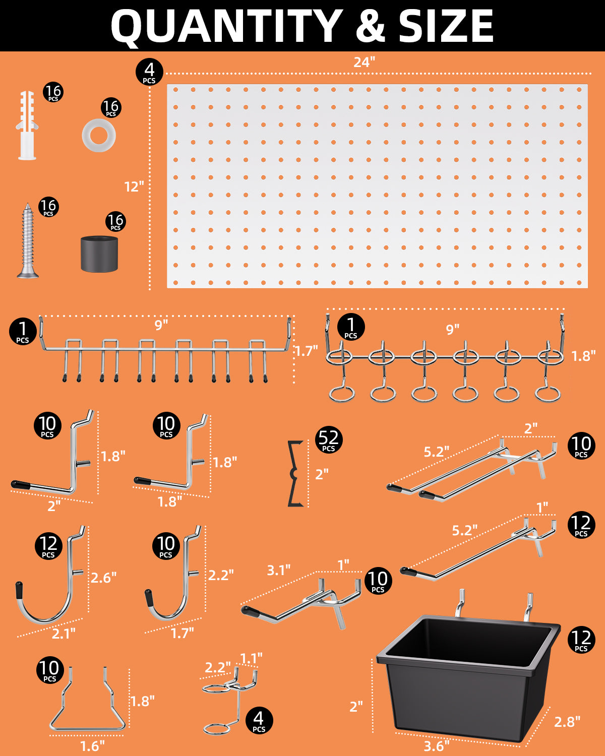 INCLY 158PCS Metal Pegboard Wall Organizer, 48x24 Inch Black Pegboard Panels Tool Organizer Kit with Accessories Hooks and Bins, Peg Board Utility Tool Storage for Garage Workbench Shed