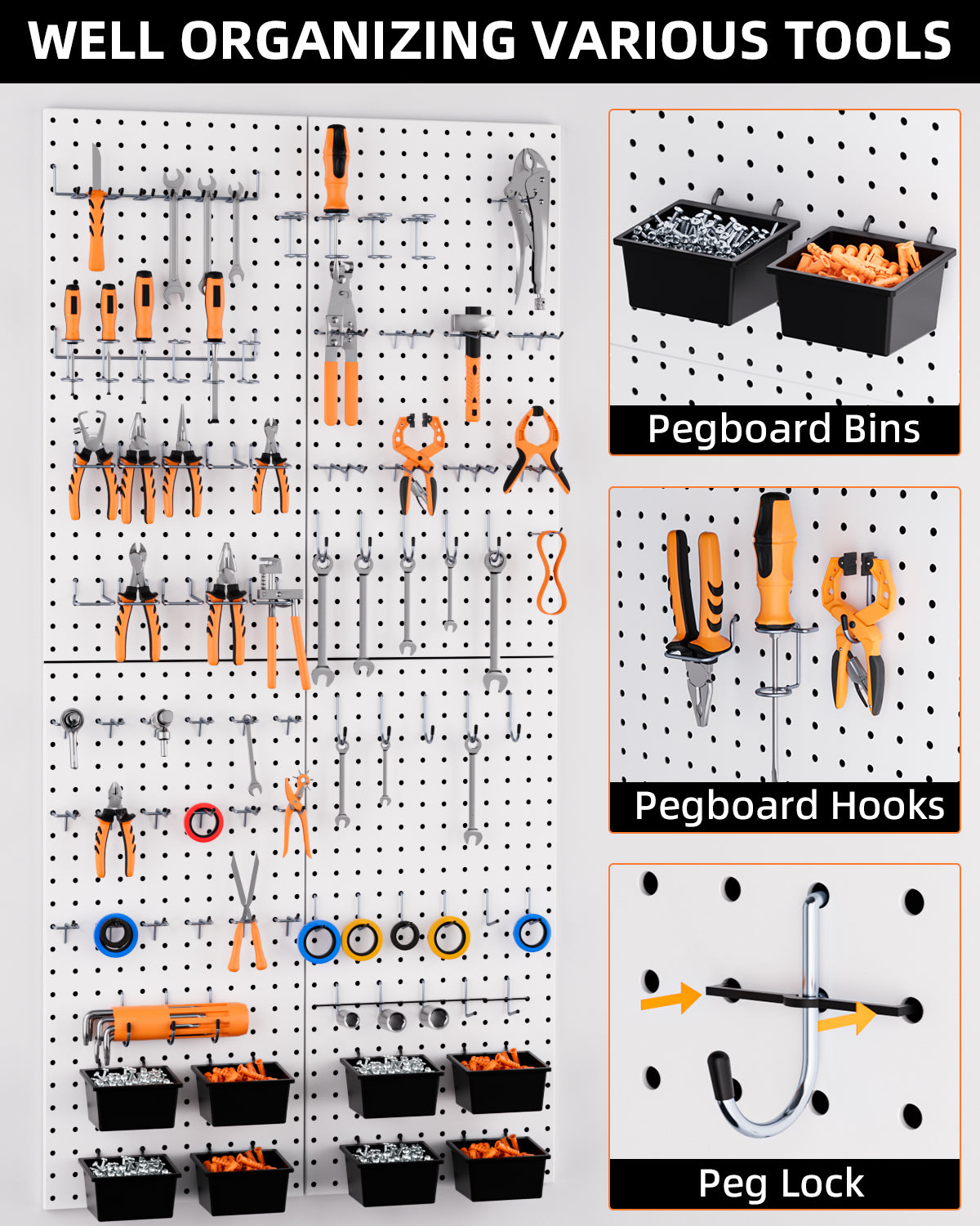 INCLY 158PCS Metal Pegboard Wall Organizer, 48x24 Inch Black Pegboard Panels Tool Organizer Kit with Accessories Hooks and Bins, Peg Board Utility Tool Storage for Garage Workbench Shed