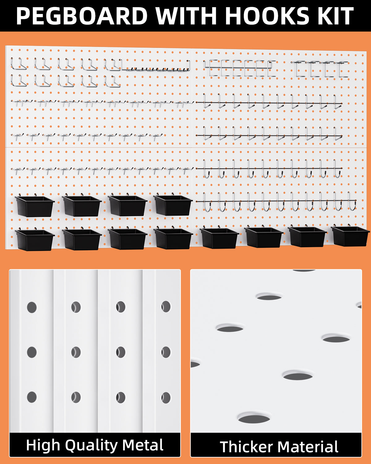 INCLY 158PCS Metal Pegboard Wall Organizer, 48x24 Inch Black Pegboard Panels Tool Organizer Kit with Accessories Hooks and Bins, Peg Board Utility Tool Storage for Garage Workbench Shed