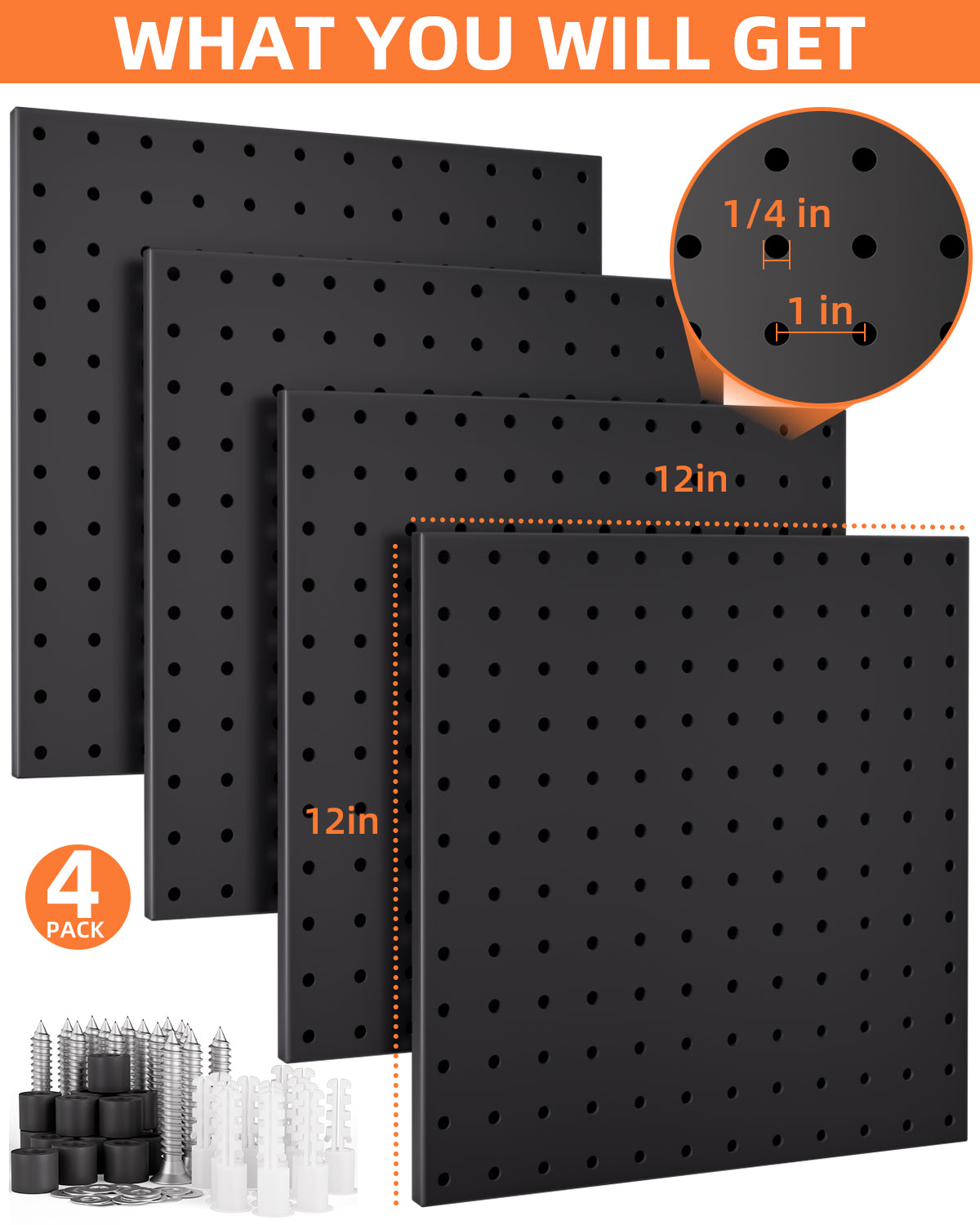 INCLY 4 Pack 12"x12" Black Metal Pegboard Panels, Heavy Duty Pegboard Wall Organizer with Frame, Black Peg Board for Walls, Garage, Workbench, Shed, Kitchen, Craft Room Tool Organization