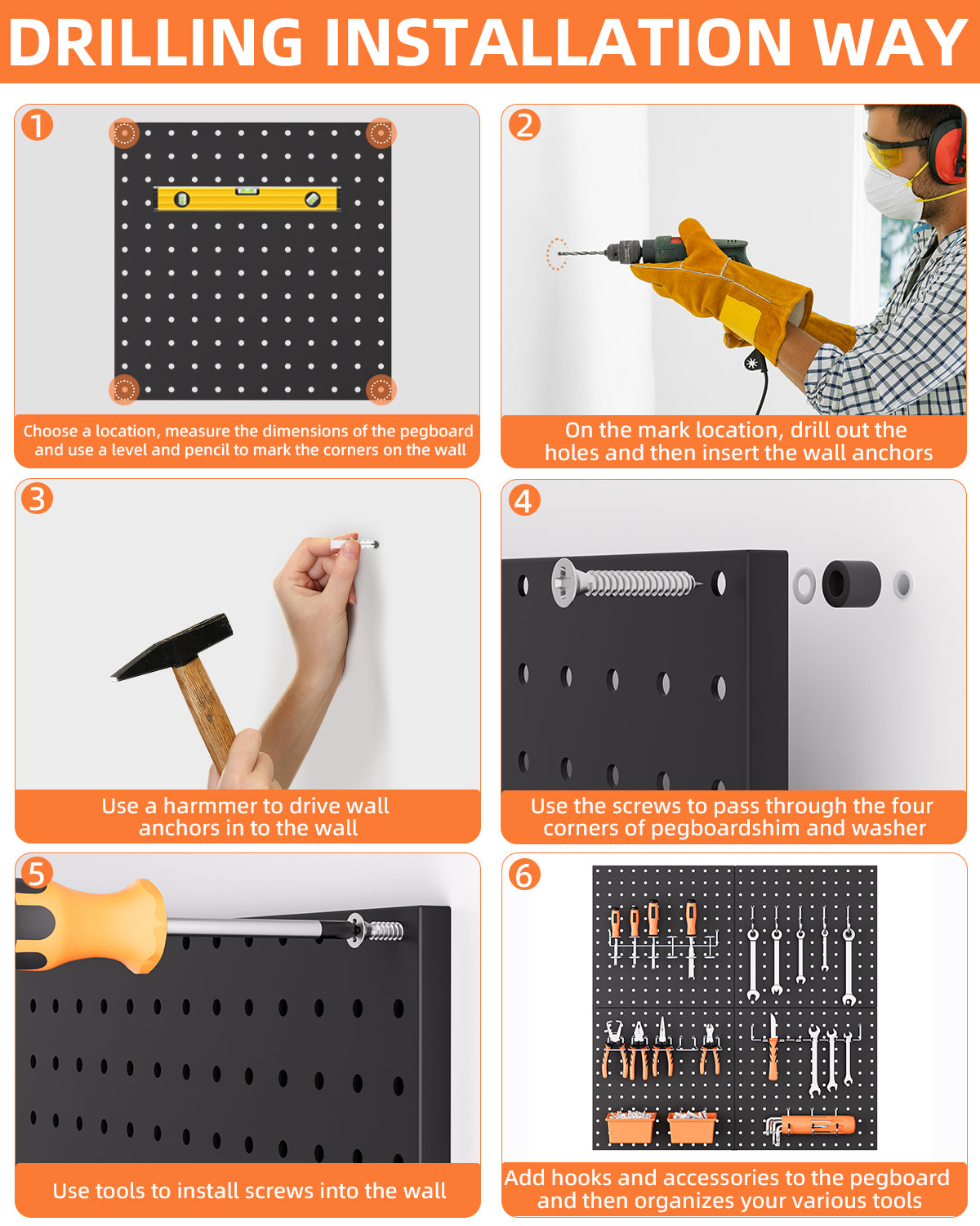 INCLY 4 Pack 12"x12" Black Metal Pegboard Panels, Heavy Duty Pegboard Wall Organizer with Frame, Black Peg Board for Walls, Garage, Workbench, Shed, Kitchen, Craft Room Tool Organization