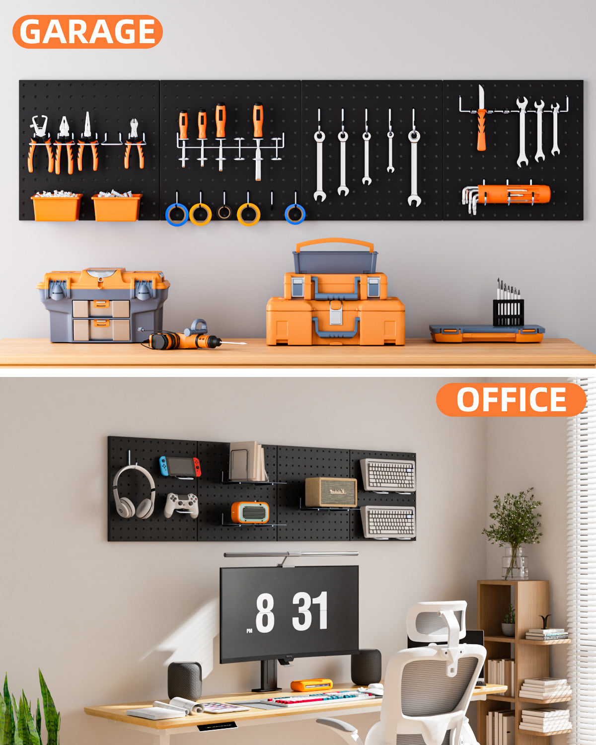 INCLY 4 Pack 12"x12" Black Metal Pegboard Panels, Heavy Duty Pegboard Wall Organizer with Frame, Black Peg Board for Walls, Garage, Workbench, Shed, Kitchen, Craft Room Tool Organization
