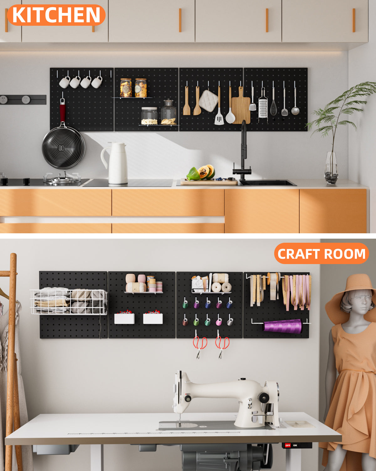 INCLY 4 Pack 12"x12" Black Metal Pegboard Panels, Heavy Duty Pegboard Wall Organizer with Frame, Black Peg Board for Walls, Garage, Workbench, Shed, Kitchen, Craft Room Tool Organization
