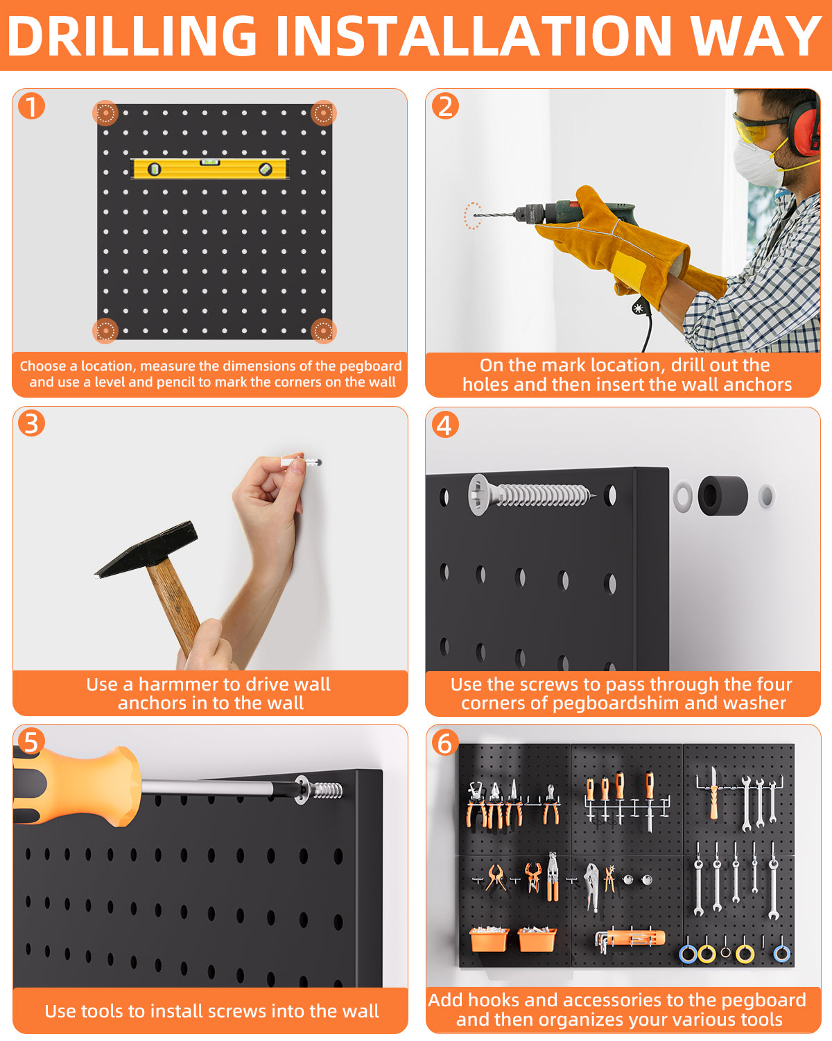INCLY 6 Pack 12"x12" Black Metal Pegboard Panels, Heavy Duty Pegboard Wall Organizer with Frame, Black Peg Board for Walls, Garage, Workbench, Shed, Kitchen, Craft Room Tool Organization