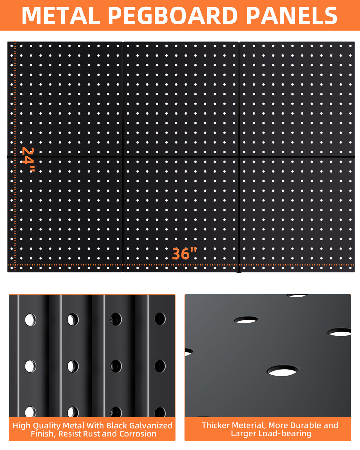 INCLY 6 Pack 12"x12" Black Metal Pegboard Panels, Heavy Duty Pegboard Wall Organizer with Frame, Black Peg Board for Walls, Garage, Workbench, Shed, Kitchen, Craft Room Tool Organization