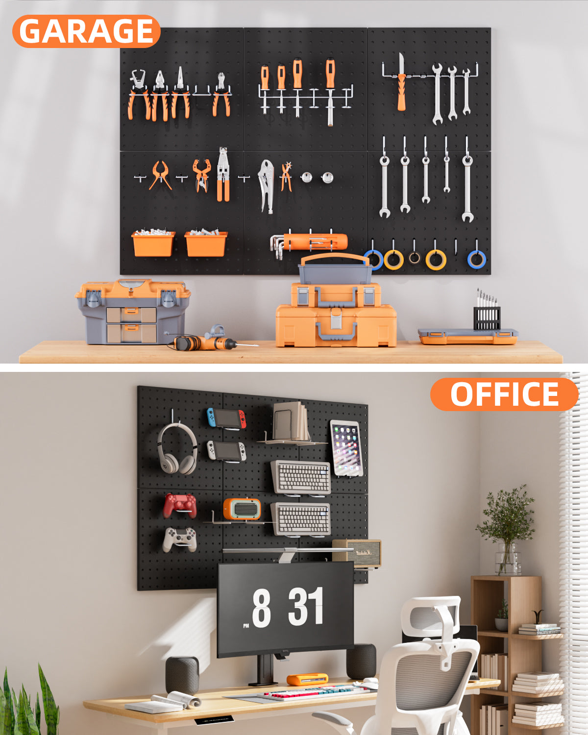 INCLY 6 Pack 12"x12" Black Metal Pegboard Panels, Heavy Duty Pegboard Wall Organizer with Frame, Black Peg Board for Walls, Garage, Workbench, Shed, Kitchen, Craft Room Tool Organization