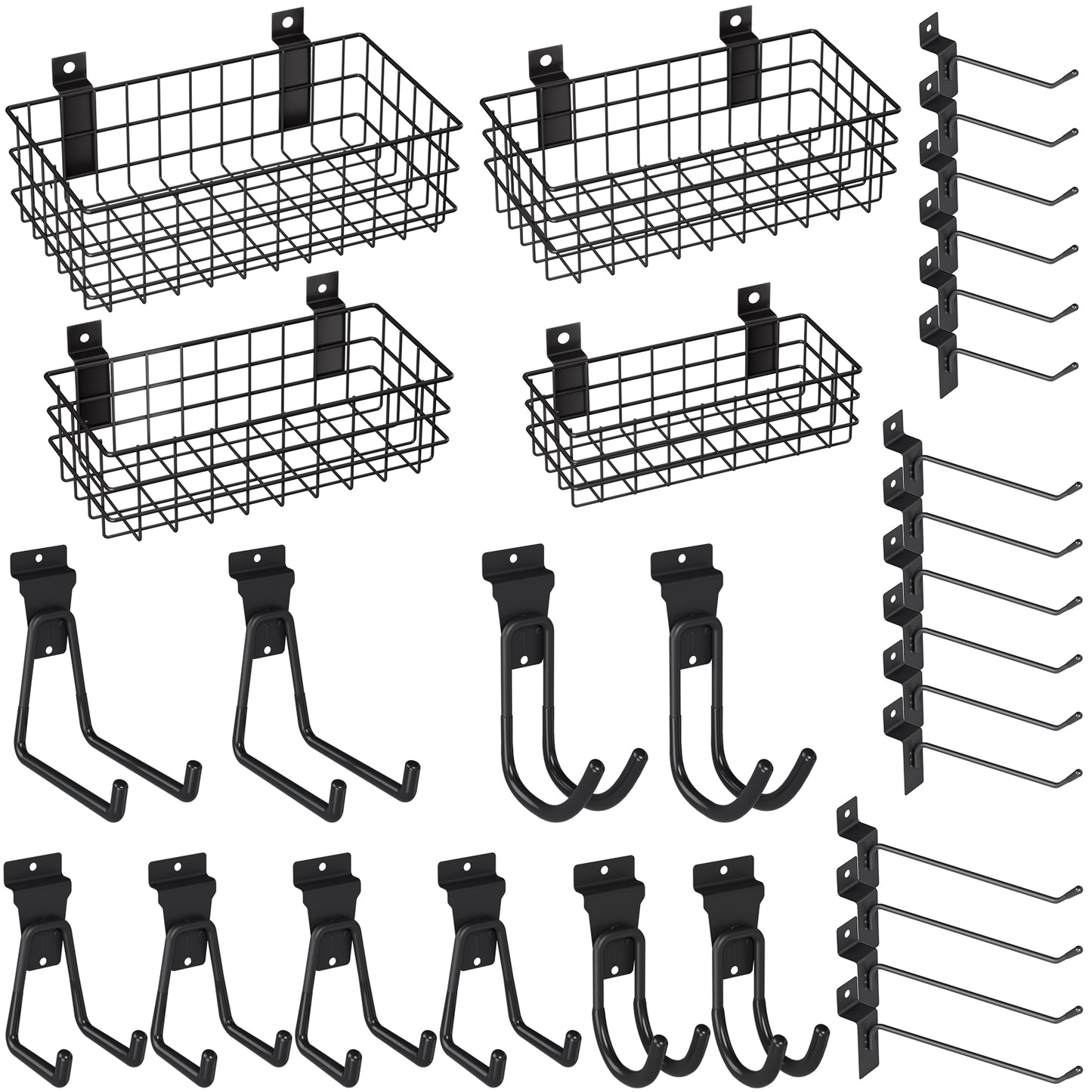 INCLY 30PCS Slatwall Accessories Set, Includes 4 Pack Ventilated Metal Wire Slatwall Baskets and 26PCS Multisized Heavy Duty Slatwall Hooks for Garage Rooms Shops Storage Organizing Display