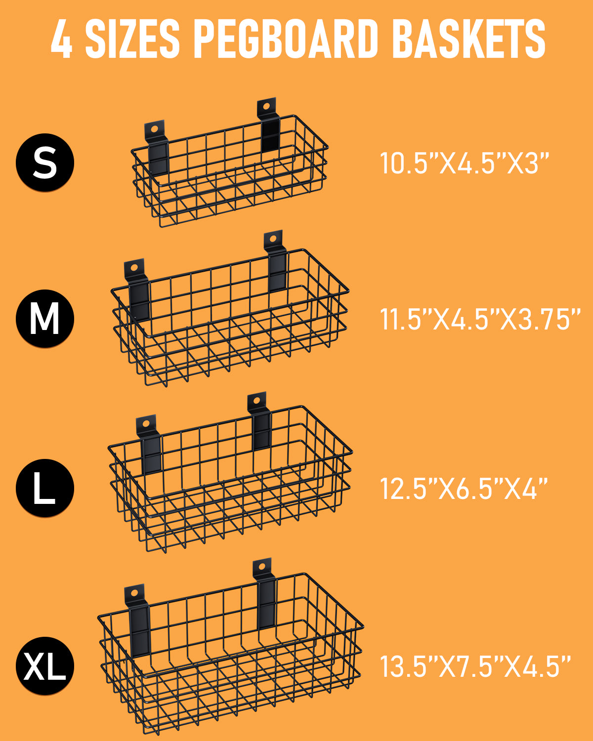 INCLY 4 Pack Black Slatwall Baskets Set, Ventilated Metal Hanging Storage Slat Wall Basket, Mounted Slatwall Accessories for Garage Rooms Shops Storage Organizing Display on Slatwall Panels