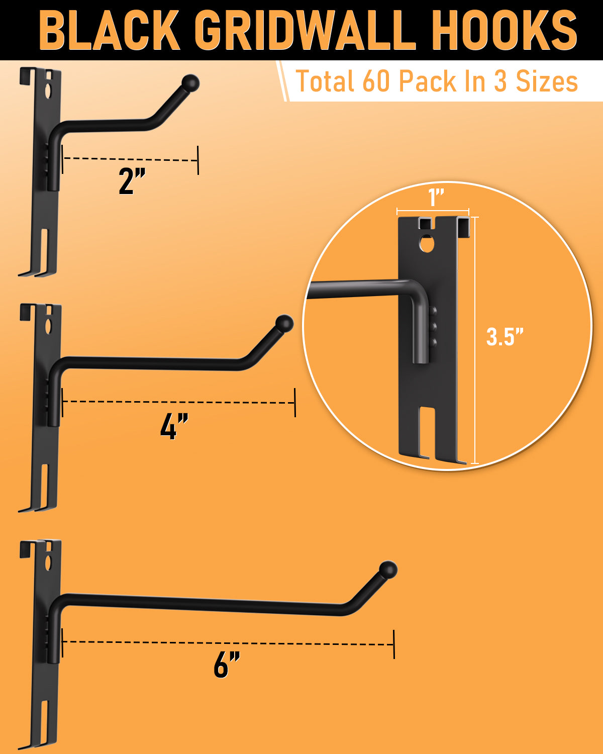 INCLY 2/4/6 Inch Gridwall Hooks, 60 Pack Heavy Duty Black Display Hooks for Grid Wall Panels, Grid Wall Accessory for Storage Display Clothes in Retail Shop Garage