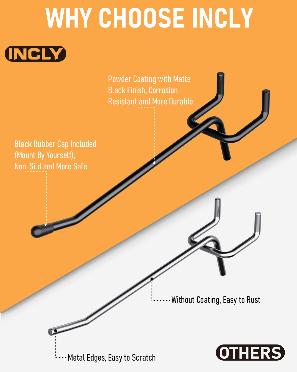 INCLY 120 Pack Black Pegboard Hooks, 4/6/8 Inch Peg Board Shelving Hooks Accessories, Peg Board Tool Hangers Fit for 1/8“ and 1/4" Pegboard Hanging Tools for Garage, Craft Room, Kitchen, Store