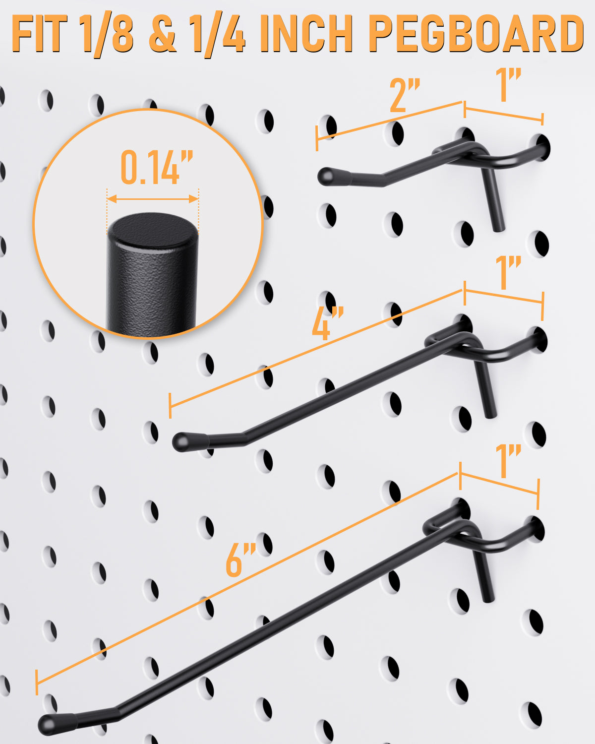 INCLY 120 Pack Black Pegboard Hooks, 4/6/8 Inch Peg Board Shelving Hooks Accessories, Peg Board Tool Hangers Fit for 1/8“ and 1/4" Pegboard Hanging Tools for Garage, Craft Room, Kitchen, Store
