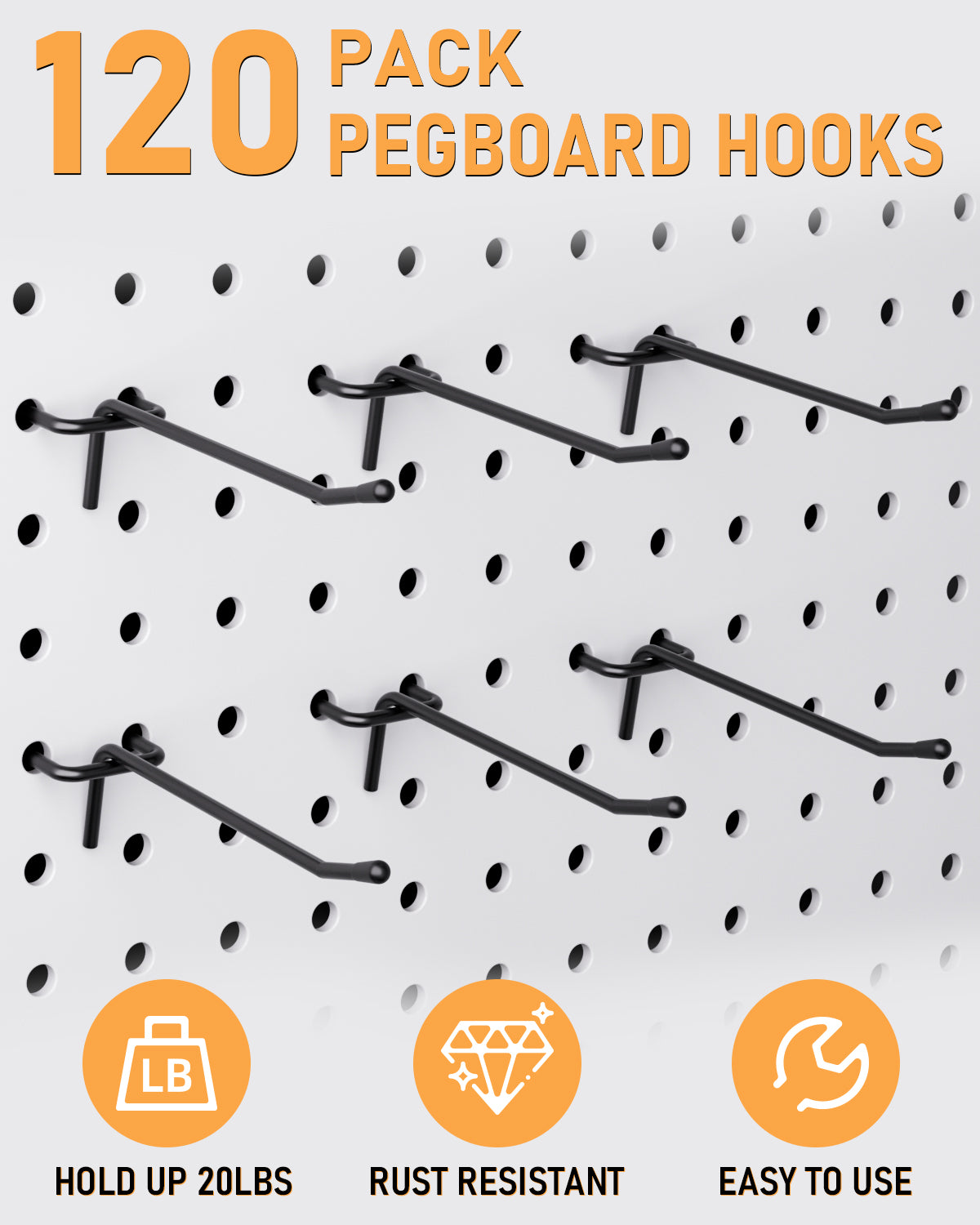 INCLY 120 Pack Black Pegboard Hooks, 4/6/8 Inch Peg Board Shelving Hooks Accessories, Peg Board Tool Hangers Fit for 1/8“ and 1/4" Pegboard Hanging Tools for Garage, Craft Room, Kitchen, Store