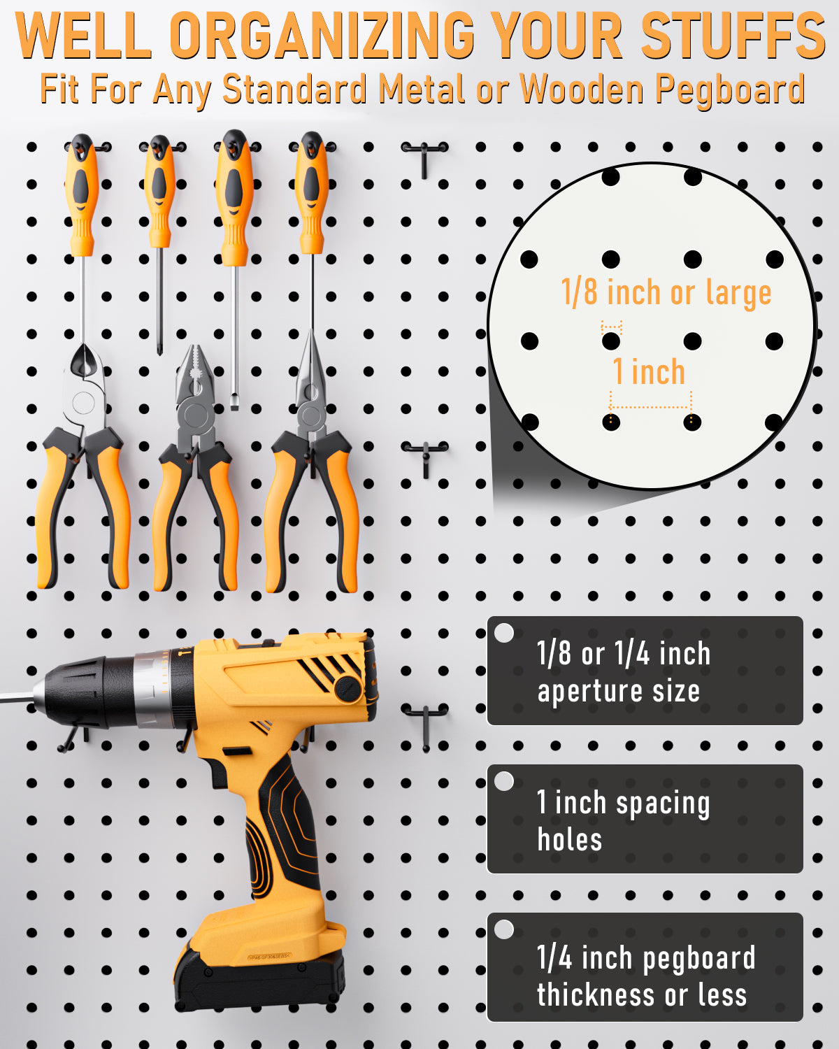 INCLY 120 Pack Black Pegboard Hooks, 4/6/8 Inch Peg Board Shelving Hooks Accessories, Peg Board Tool Hangers Fit for 1/8“ and 1/4" Pegboard Hanging Tools for Garage, Craft Room, Kitchen, Store