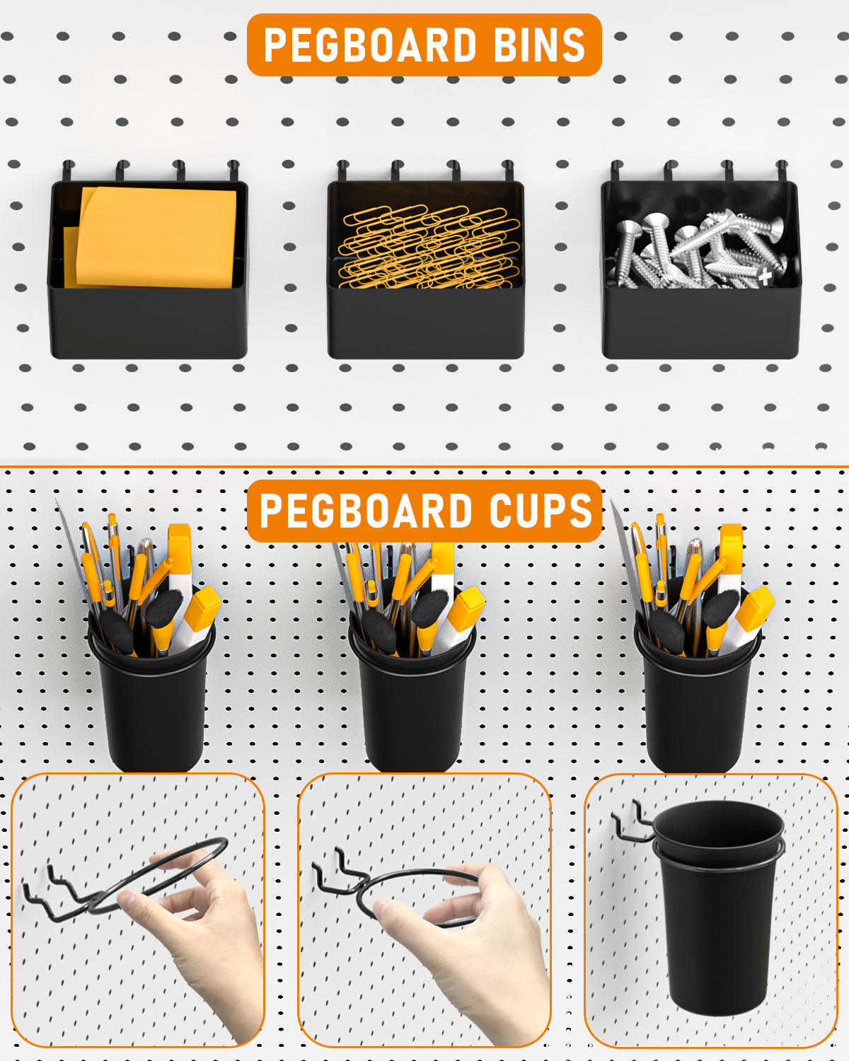 INCLY 30PCS Peg Board Organizer Accessories Kit, Pegboard Hooks Assortment with Bins, Cups, Wire Baskets and Paper Towel Holder for 1/8“ and 1/4” Pegboard Garage Workbench Craft Room Organizing Tools