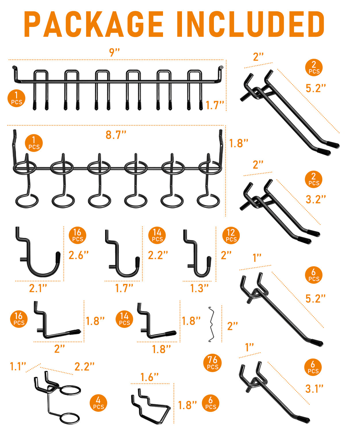 INCLY 176PCS Extra Thick Black Pegboard Hooks Set, 1/4" Heavy Duty Metal Peg Board Hook Assortment with Peg Lock Pegboard Accessories for Garage Wall Organizer Hanging Tools