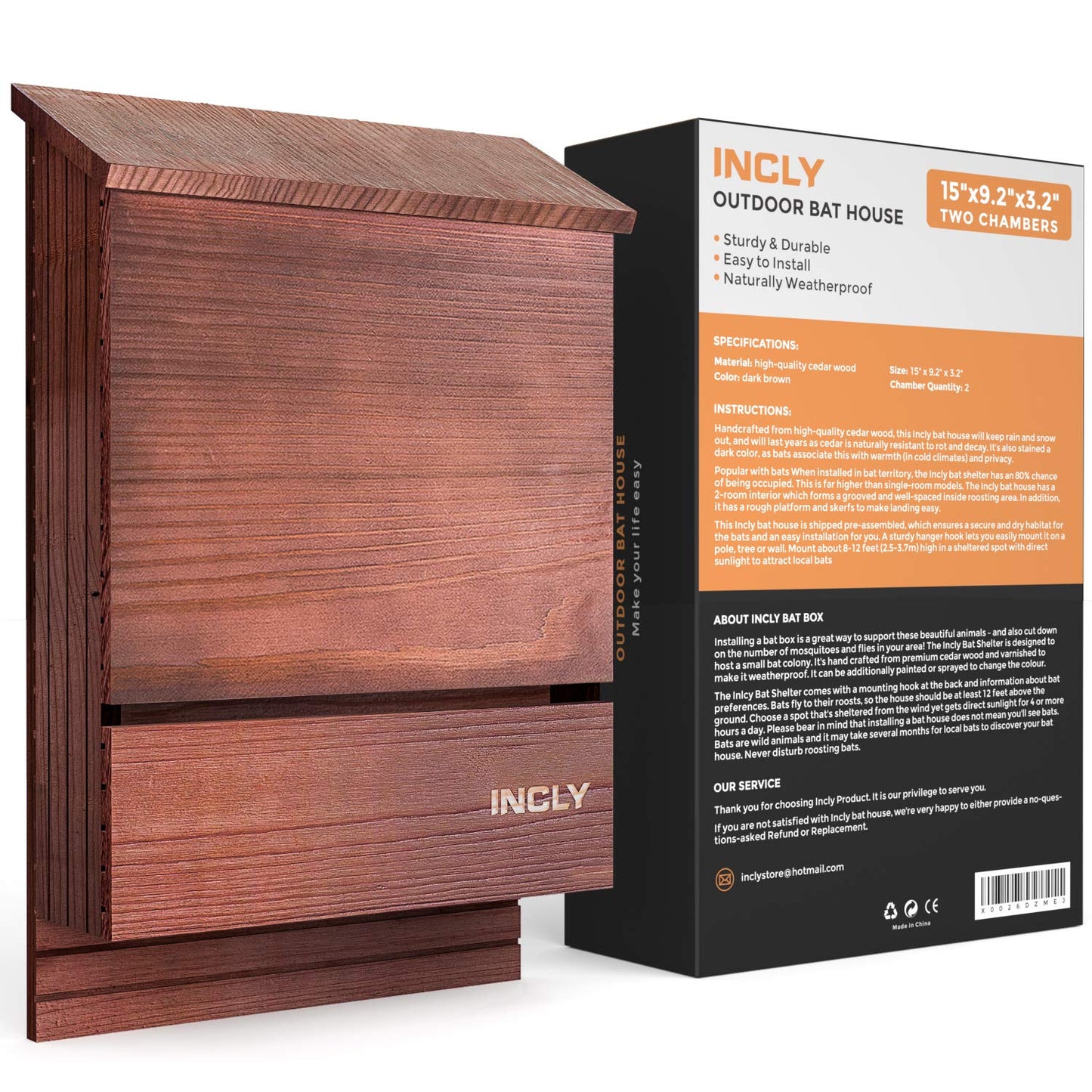 INCLY Bat House for Outdoors 15"x9.2"x3.2" Shelter Box kit Double Chamber Dark Natural Cedar Wood, Pre-Finished Easy to Install