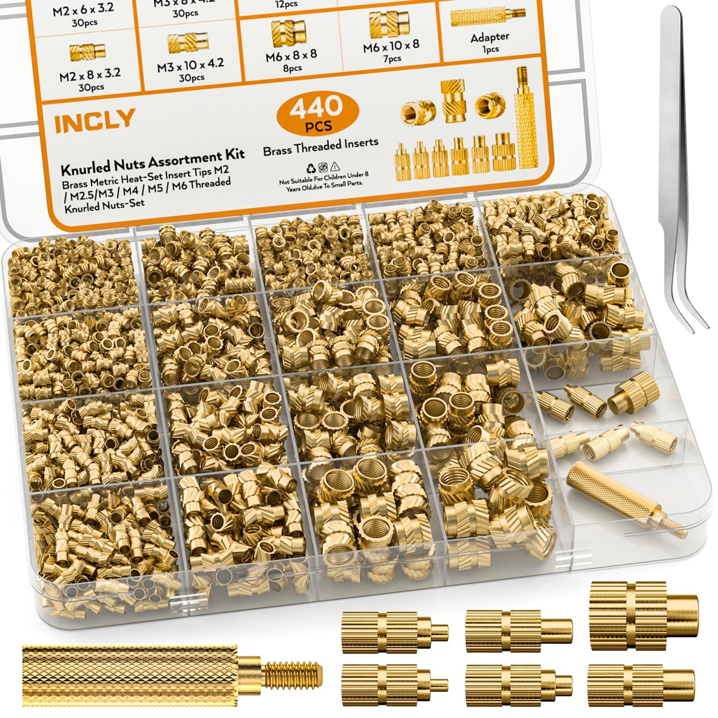 INCLY 440PCS Threaded Inserts Set with Soldering Tip & Adapter, M2 M2.5 M3 M4 M5 M6 Female Thread Metric Knurled Nuts Assortment Kit,Brass Hardware Nuts for Plastic and 3D Printing Component