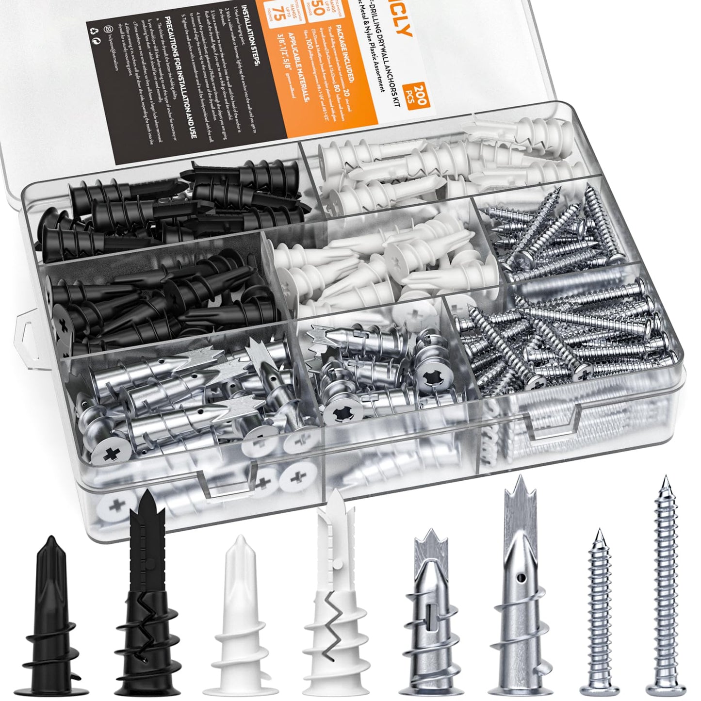 INCLY 200PCS #8 Drywall Anchors Kit Self Drilling, 100 Zinc Metal & Plastic Heavy Duty Dry Wall Anchors and 100 Philips Screws Assortment for Drywall Sheetrock Hanging and Mounting with Case
