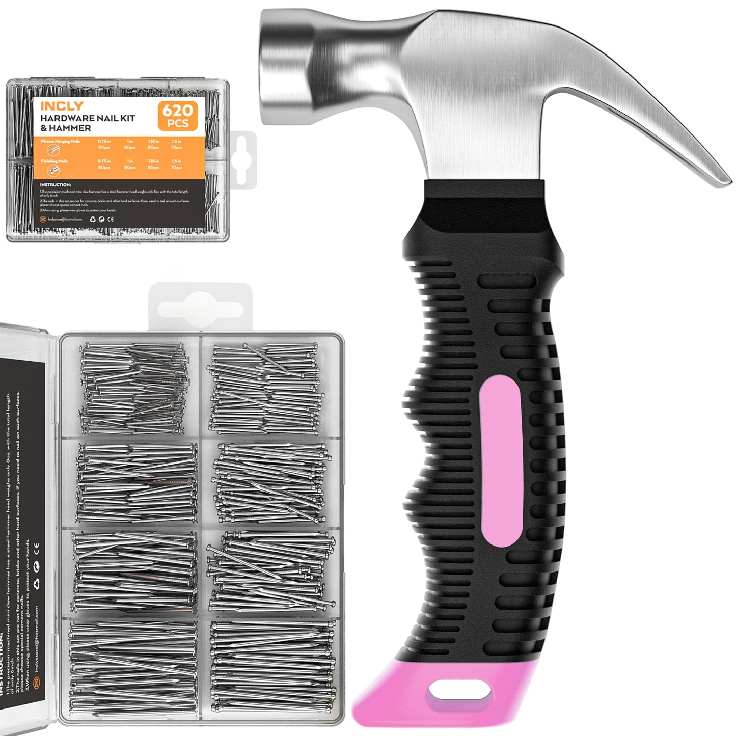 INCLY 620 PCS Small Nails for Hanging Pictures Assortment Kit with 8oz Pink Small Hammer, Mini Hammer Set with Hardware Nails Assorted Set 310 Wall Nails & 310 Finish Nails for Installing with Case