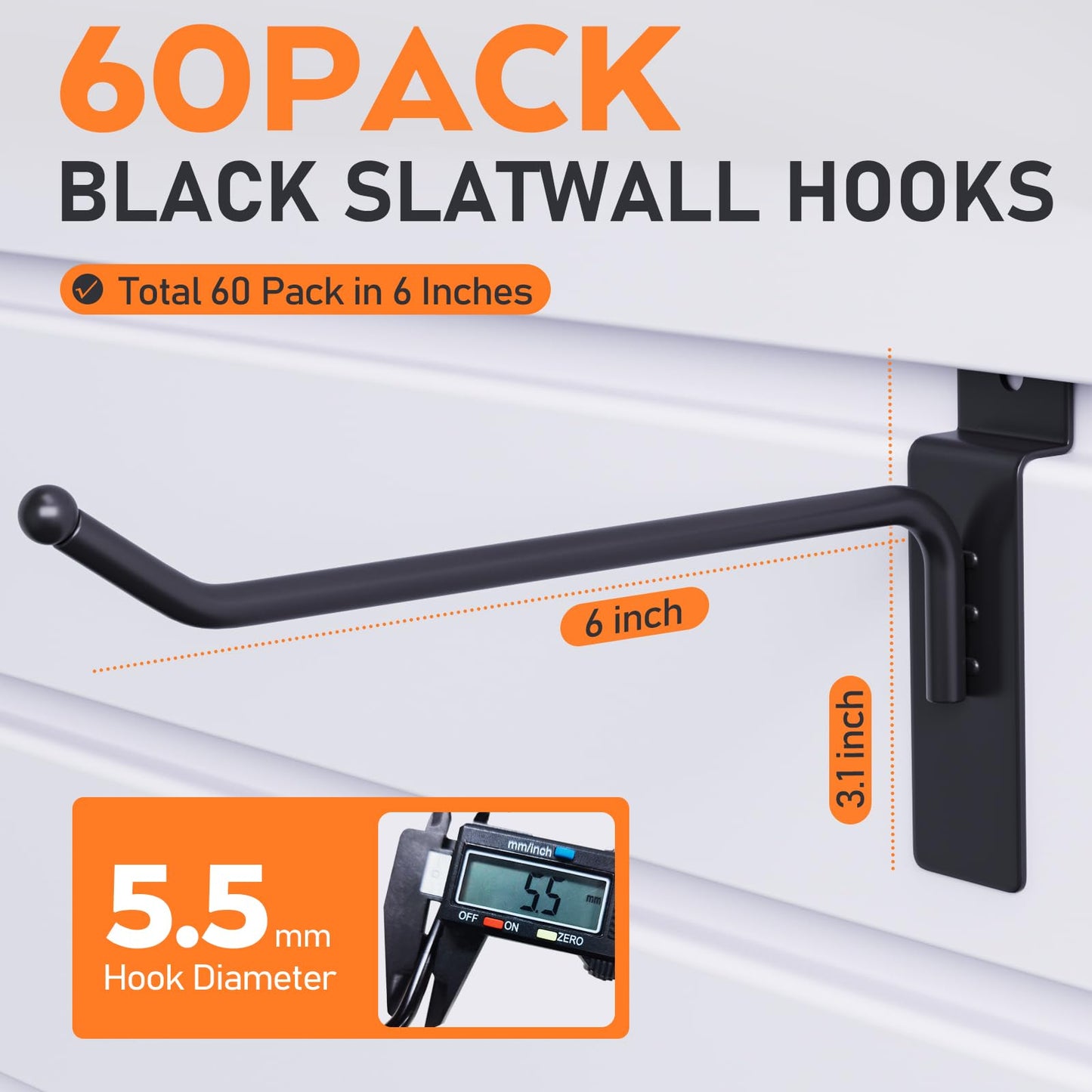 INCLY 60 Pack Slatwall Hooks, 6 Inch Heavy Duty Black Slat Wall Hanging Hook and Hanger, Slatwall Panel Accessories Assortment Display Hooks for Garages, Sheds, Basements, Retail Stores