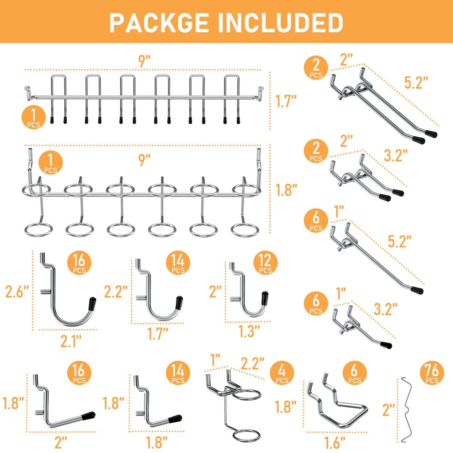 INCLY 176PCS Extra Thick Pegboard Hooks Set, 1/4" Heavy Duty Metal Peg Board Hook Assortment with Peg Lock Pegboard Accessories for Garage Wall Organizer Hanging Tools